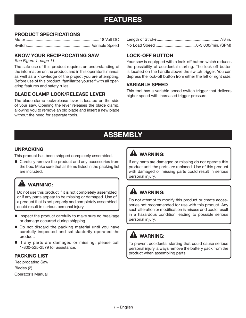 Features, Assembly | Ryobi P513 User Manual | Page 7 / 32