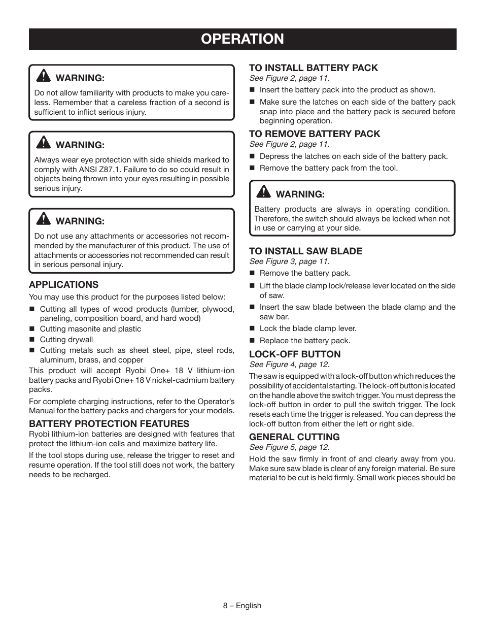 Operation | Ryobi P513 User Manual | Page 8 / 32