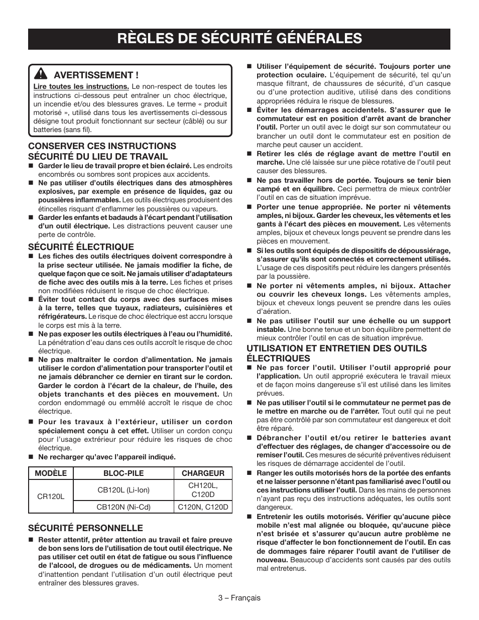 Règles de sécurité générales, Avertissement | Ryobi CR120L User Manual | Page 11 / 28
