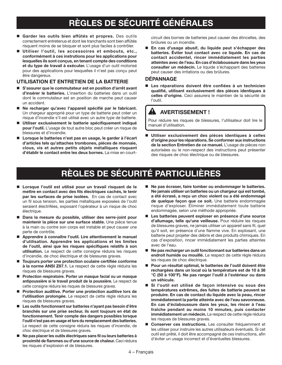 Avertissement | Ryobi CR120L User Manual | Page 12 / 28