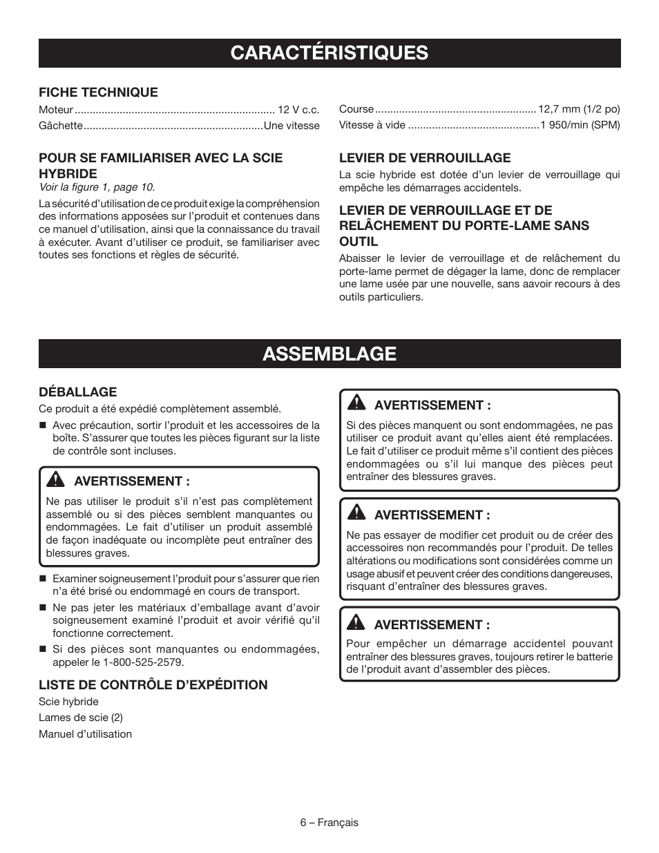 Caractéristiques, Assemblage | Ryobi CR120L User Manual | Page 14 / 28