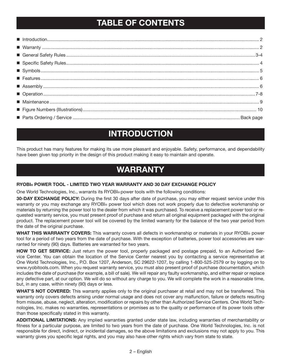 Table of contents introduction, Warranty | Ryobi CR120L User Manual | Page 2 / 28