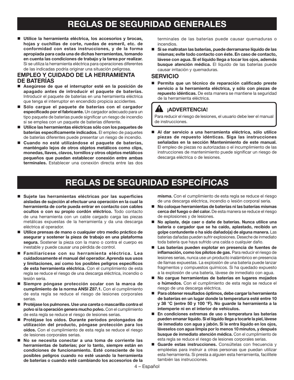 Empleo y cuidado de la herramienta de baterías, Servicio | Ryobi CR120L User Manual | Page 20 / 28