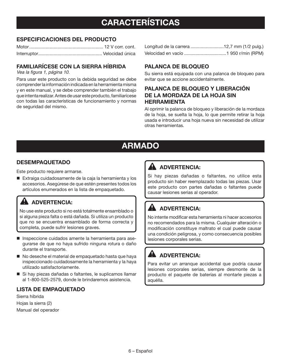Características, Armado | Ryobi CR120L User Manual | Page 22 / 28