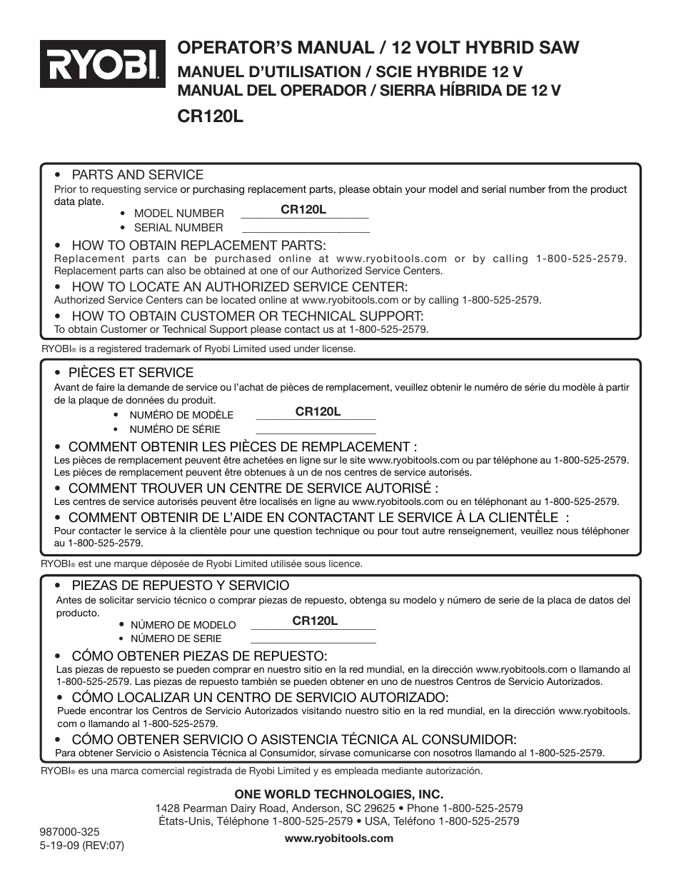 Operator’s manual / 12 volt hybrid saw, Cr120l | Ryobi CR120L User Manual | Page 28 / 28