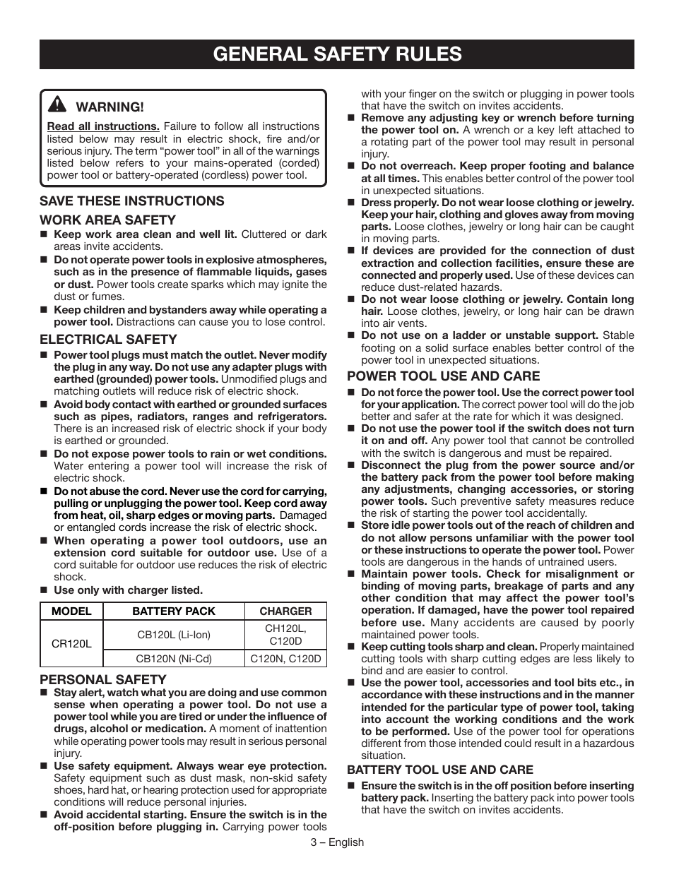 General safety rules | Ryobi CR120L User Manual | Page 3 / 28