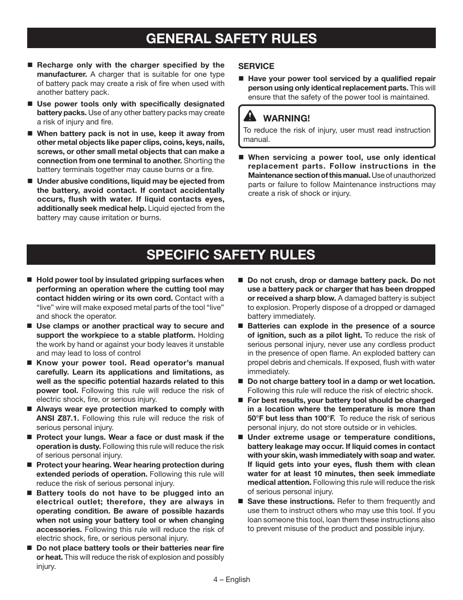 General safety rules specific safety rules | Ryobi CR120L User Manual | Page 4 / 28