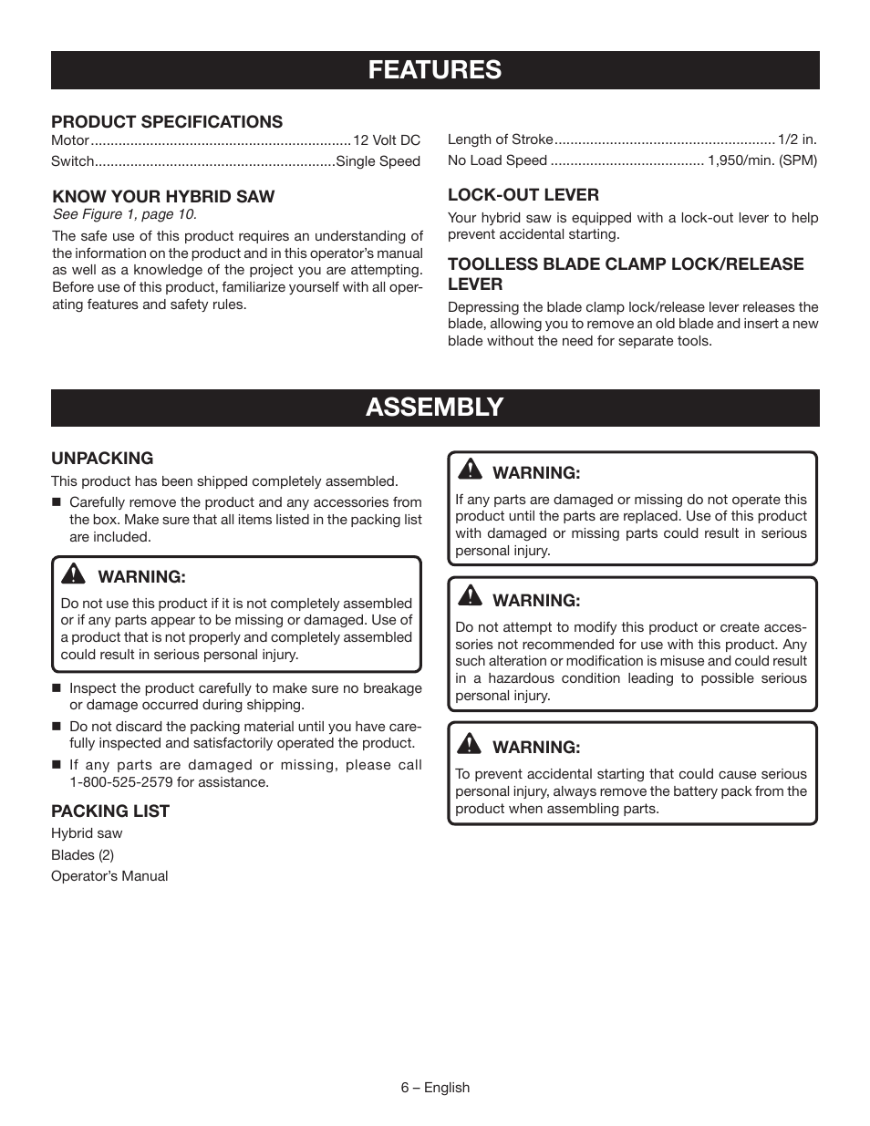 Features, Assembly | Ryobi CR120L User Manual | Page 6 / 28