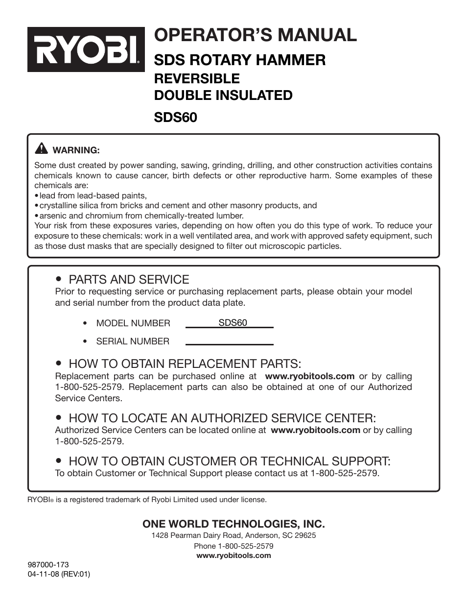 Operator’s manual, Sds rotary hammer, Reversible double insulated sds60 | Parts and service, How to obtain replacement parts, How to locate an authorized service center, How to obtain customer or technical support | Ryobi SDS60 User Manual | Page 16 / 16