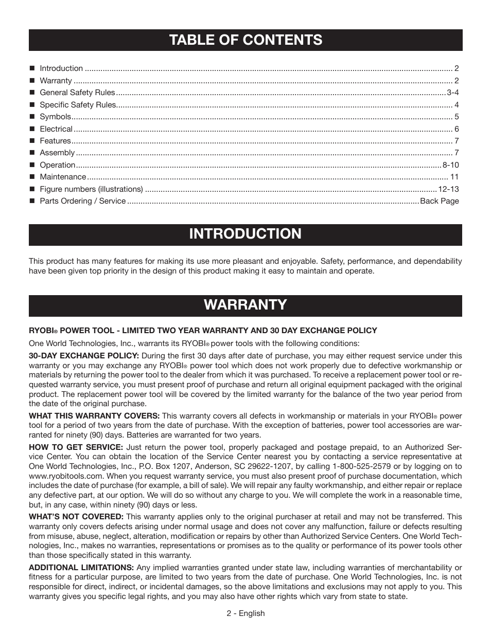 Table of contents introduction, Warranty | Ryobi HT232 User Manual | Page 2 / 36