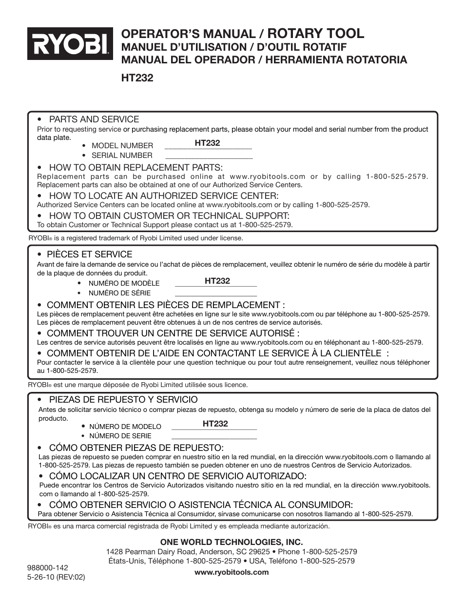 Rotary tool, Operator’s manual | Ryobi HT232 User Manual | Page 36 / 36