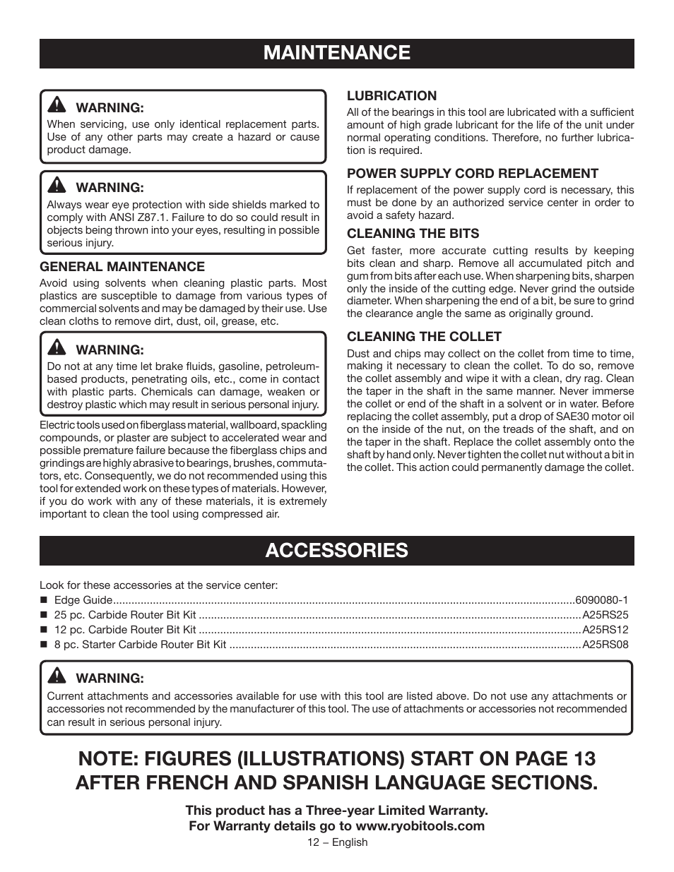 Maintenance, Accessories | Ryobi r163 User Manual | Page 12 / 40
