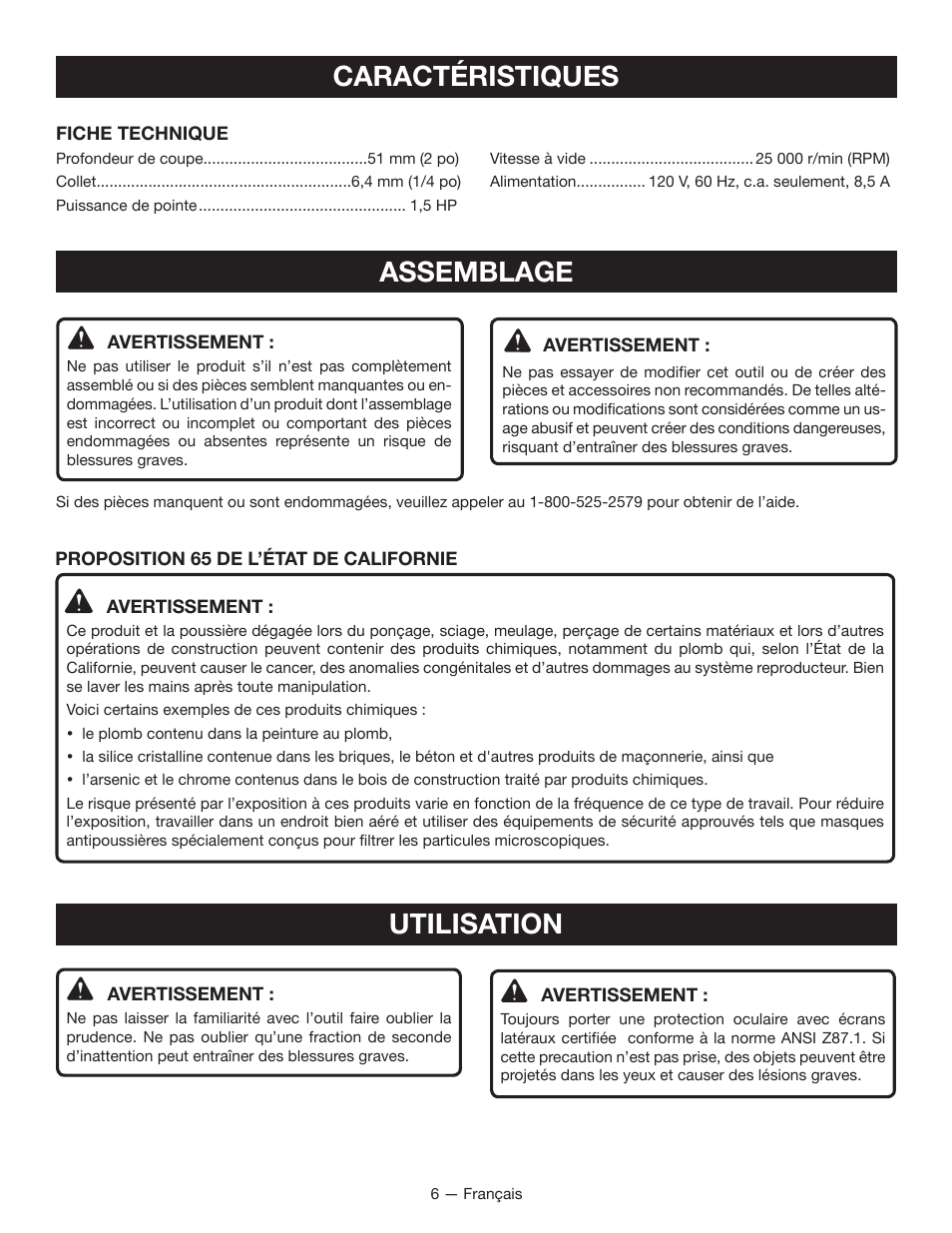 Caractéristiques, Assemblage, Utilisation | Ryobi r163 User Manual | Page 17 / 40