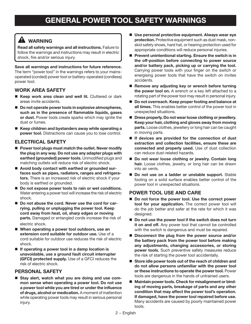 General power tool safety warnings | Ryobi r163 User Manual | Page 2 / 40
