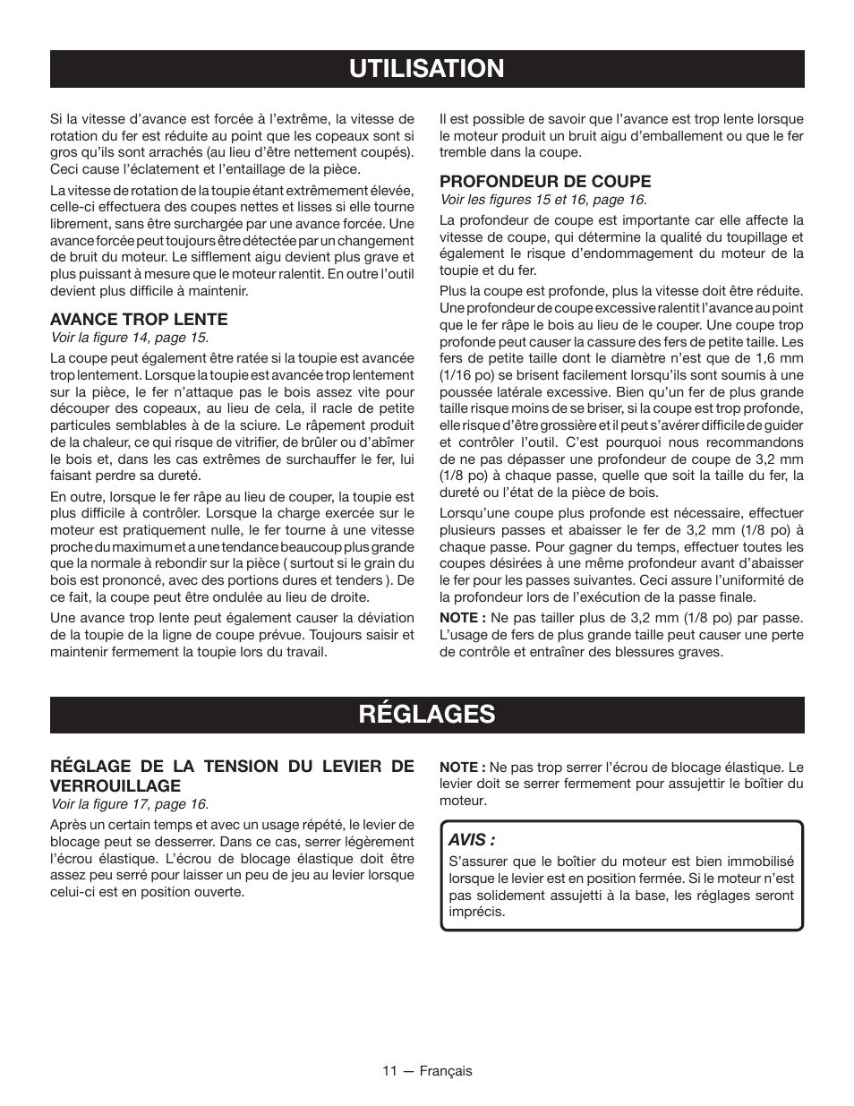 Utilisation, Réglages | Ryobi r163 User Manual | Page 22 / 40