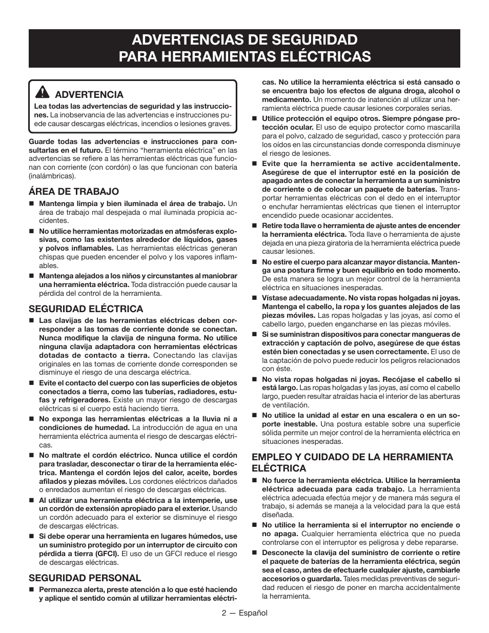 Advertencia, Área de trabajo, Seguridad eléctrica | Seguridad personal, Empleo y cuidado de la herramienta eléctrica | Ryobi r163 User Manual | Page 24 / 40