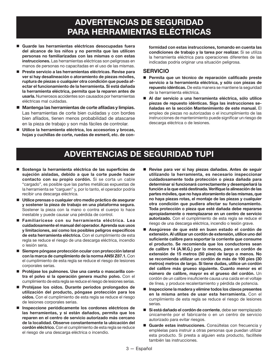 Advertencias de seguridad tupi, Servicio | Ryobi r163 User Manual | Page 25 / 40