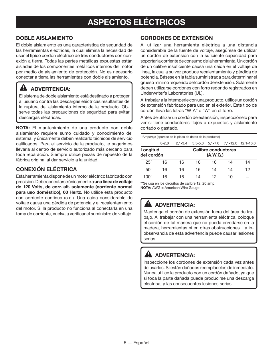 Aspectos eléctricos | Ryobi r163 User Manual | Page 27 / 40