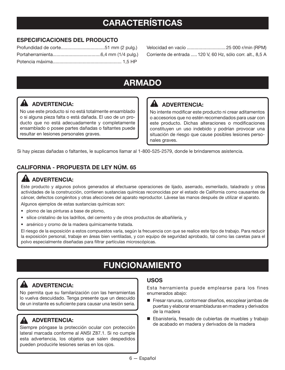 Características, Armado, Funcionamiento | Ryobi r163 User Manual | Page 28 / 40
