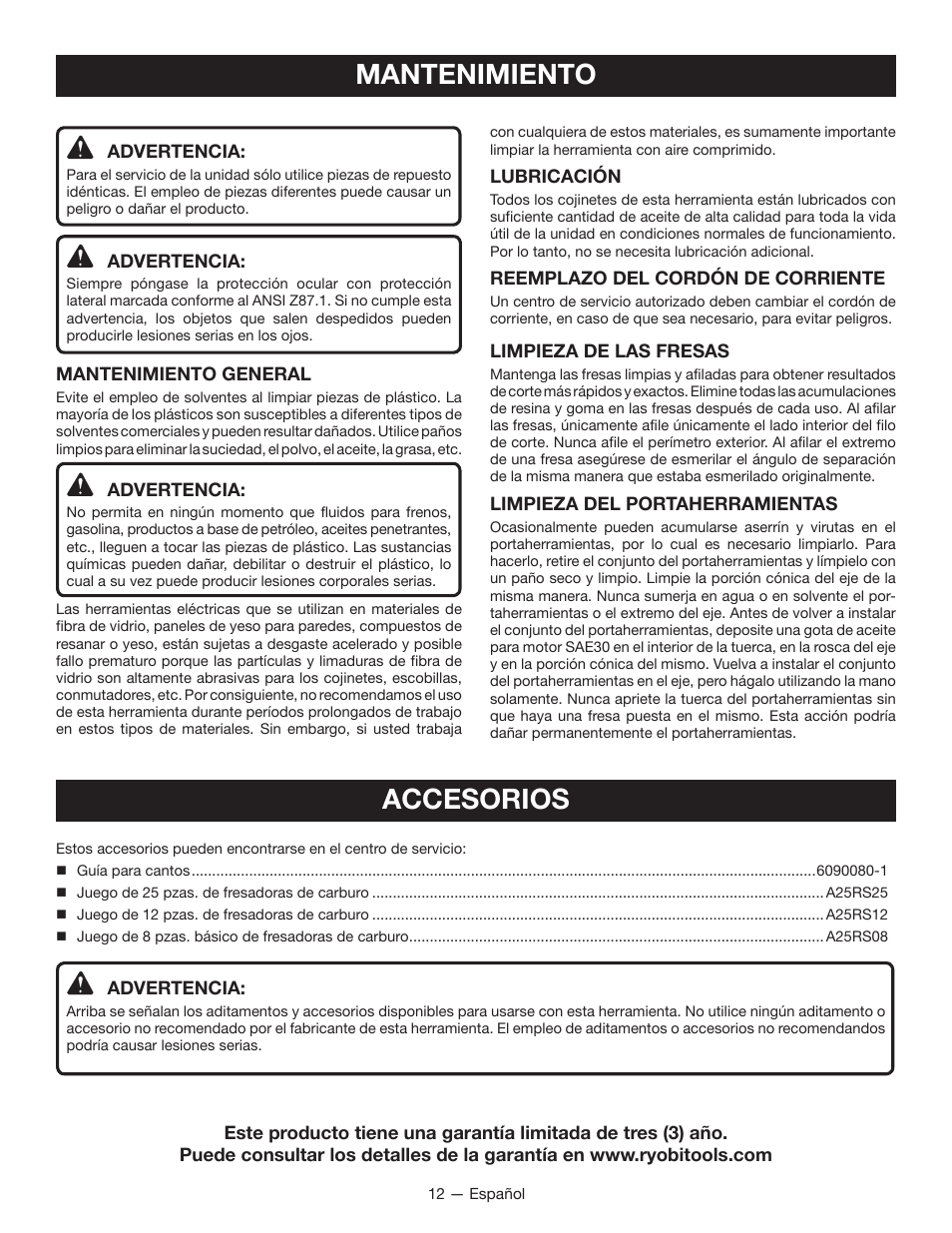 Mantenimiento accesorios | Ryobi r163 User Manual | Page 34 / 40