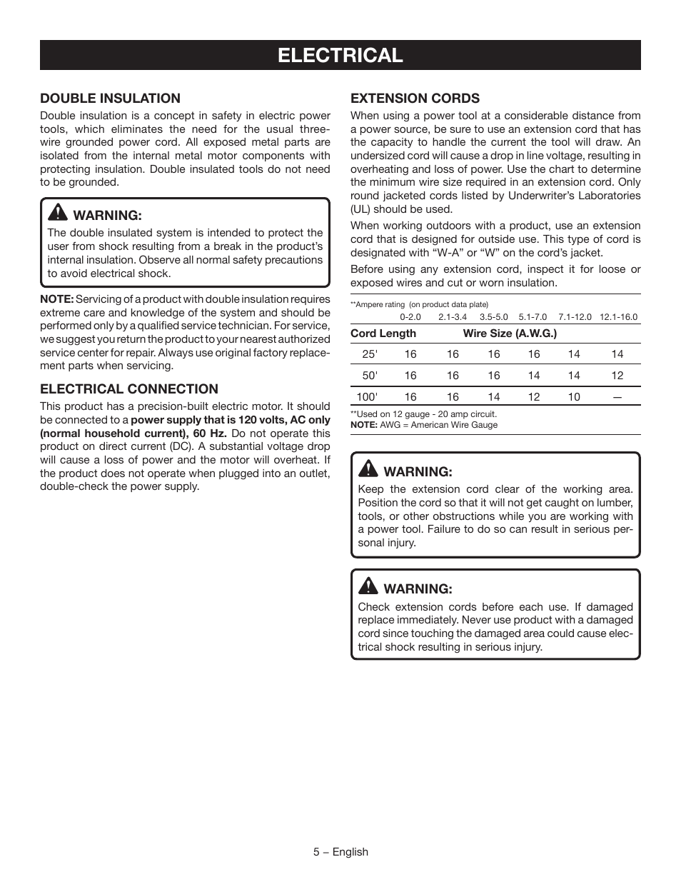 Electrical | Ryobi r163 User Manual | Page 5 / 40
