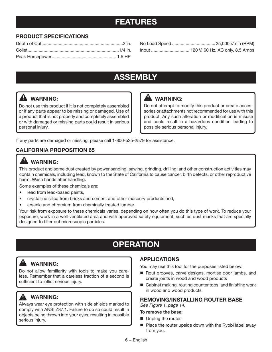 Features, Assembly, Operation | Ryobi r163 User Manual | Page 6 / 40