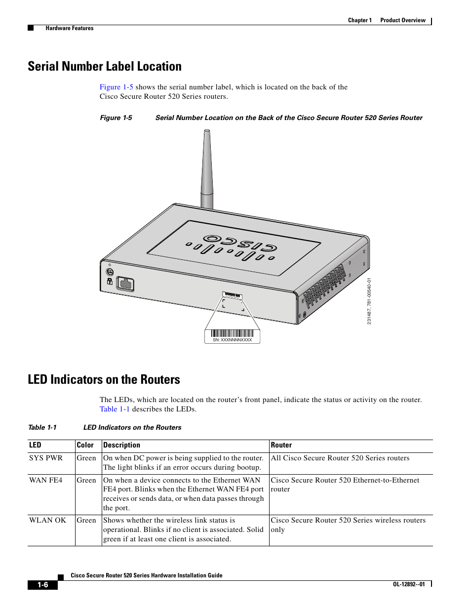 Table 1-1 led indicators on the routers, Serial number label location, Led indicators on the routers | Cisco 520 User Manual | Page 20 / 64