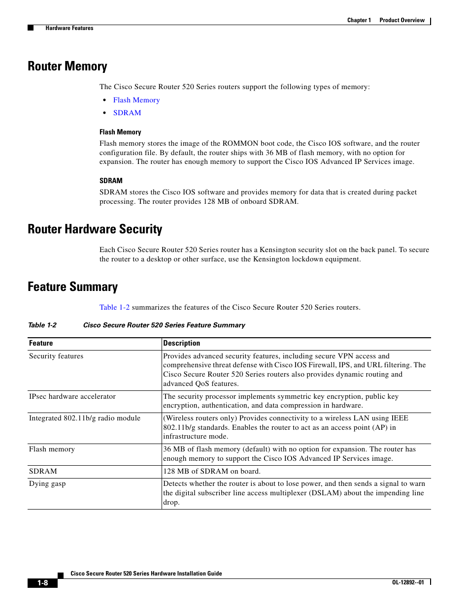 Flash memory, Sdram, Router memory | Router hardware security, Feature summary | Cisco 520 User Manual | Page 22 / 64