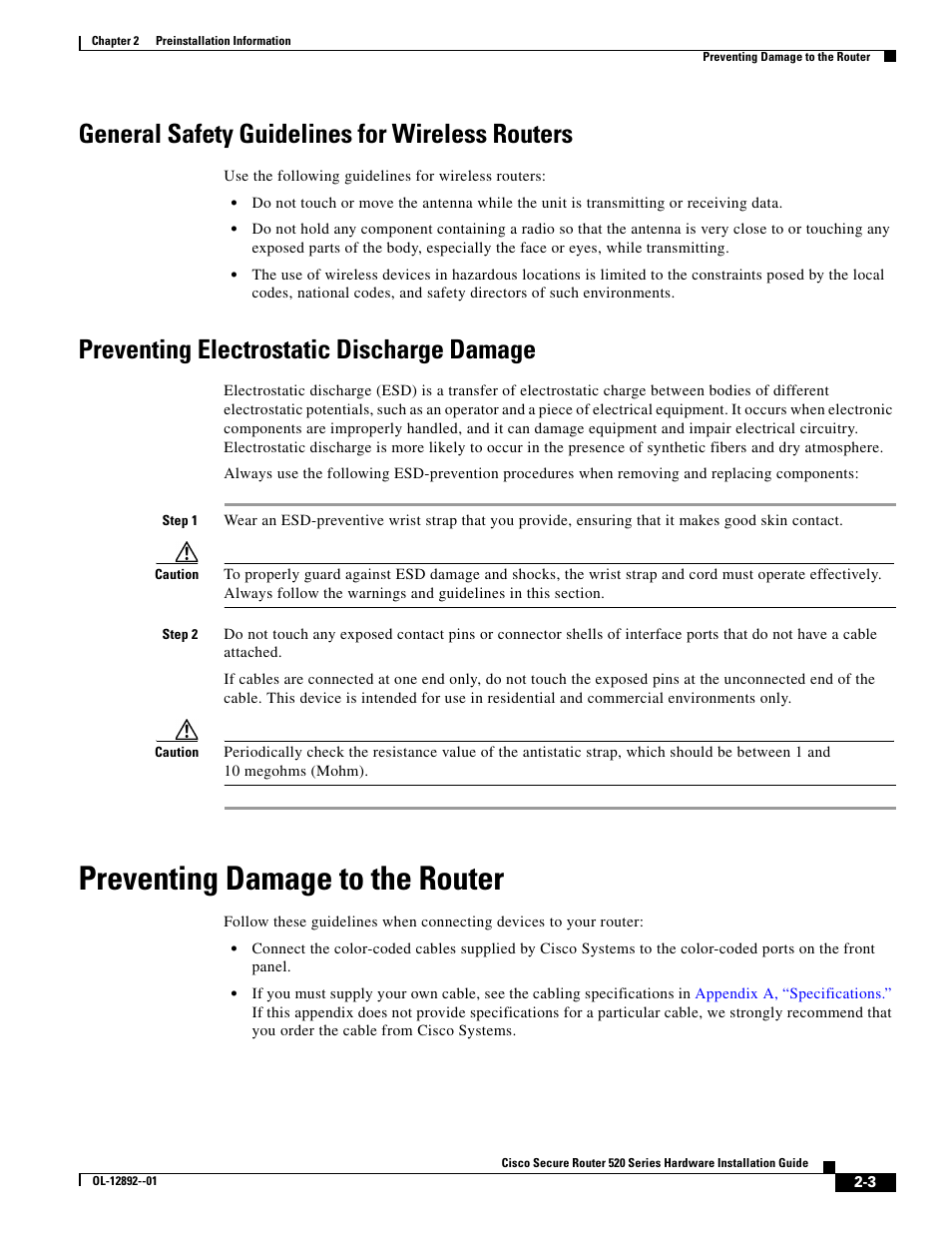 General safety guidelines for wireless routers, Preventing electrostatic discharge damage, Preventing damage to the router | Cisco 520 User Manual | Page 27 / 64