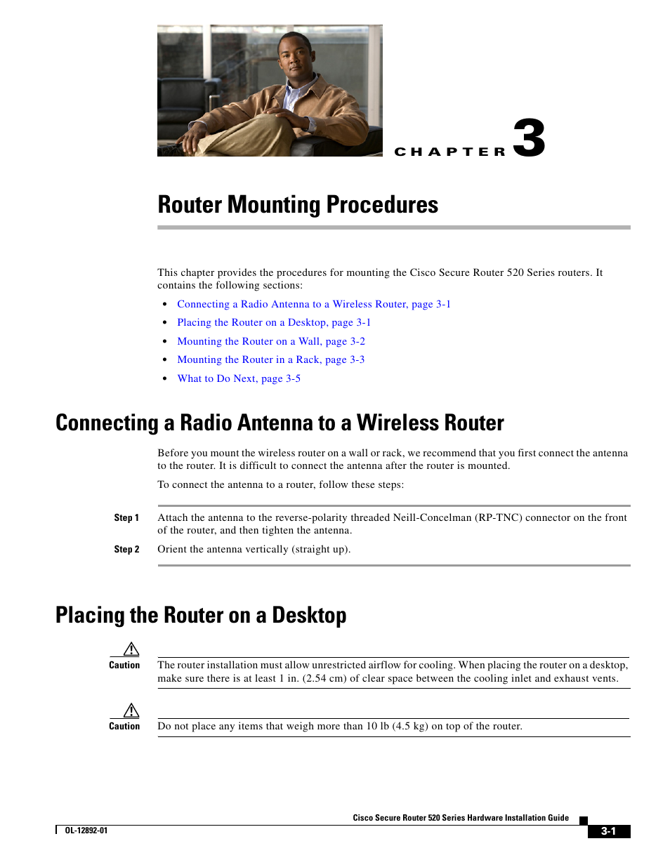 Router mounting procedures, Step 2 orient the antenna vertically (straight up), C h a p t e r | Connecting a radio antenna to a wireless router, Placing the router on a desktop, Chapter 3, “router mounting procedures | Cisco 520 User Manual | Page 31 / 64