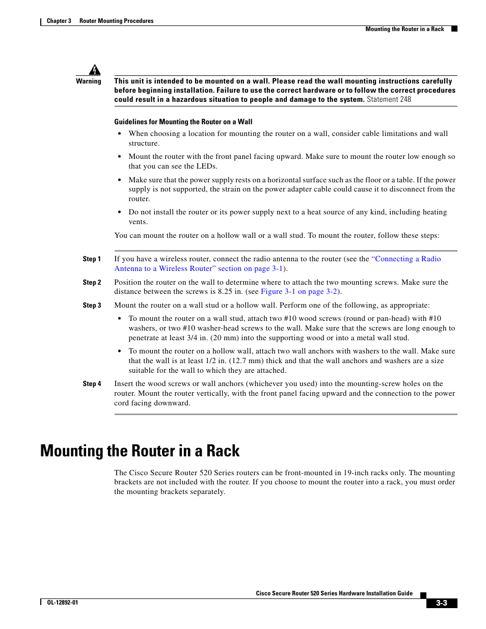 Guidelines for mounting the router on a wall, Mounting the router in a rack | Cisco 520 User Manual | Page 33 / 64