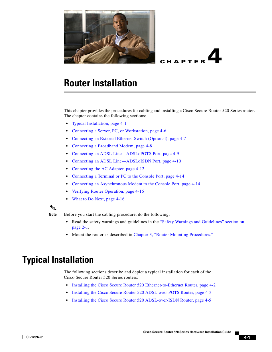 Router installation, C h a p t e r, Typical installation | Chapter 4, “router installation | Cisco 520 User Manual | Page 37 / 64