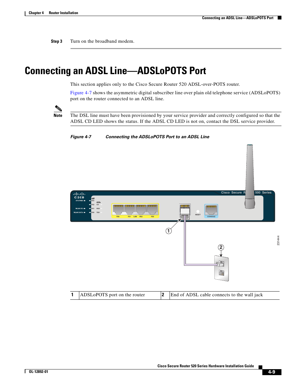 Step 3 turn on the broadband modem, Connecting an adsl line—adslopots port | Cisco 520 User Manual | Page 45 / 64