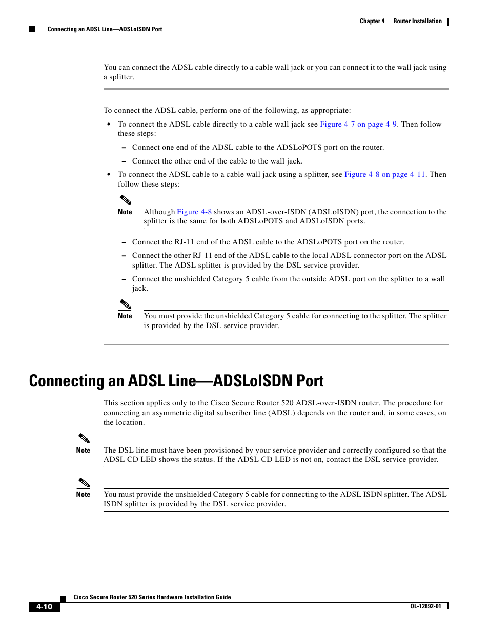 Connecting an adsl line—adsloisdn port | Cisco 520 User Manual | Page 46 / 64