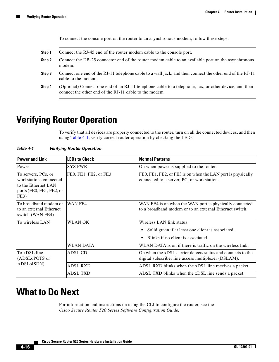 Table 4-1 verifying router operation, Verifying router operation, What to do next | Cisco 520 User Manual | Page 52 / 64