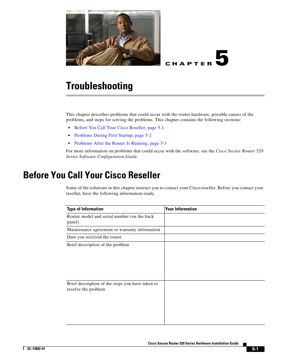 Troubleshooting, C h a p t e r, Before you call your cisco reseller | Chapter 5, “troubleshooting | Cisco 520 User Manual | Page 53 / 64