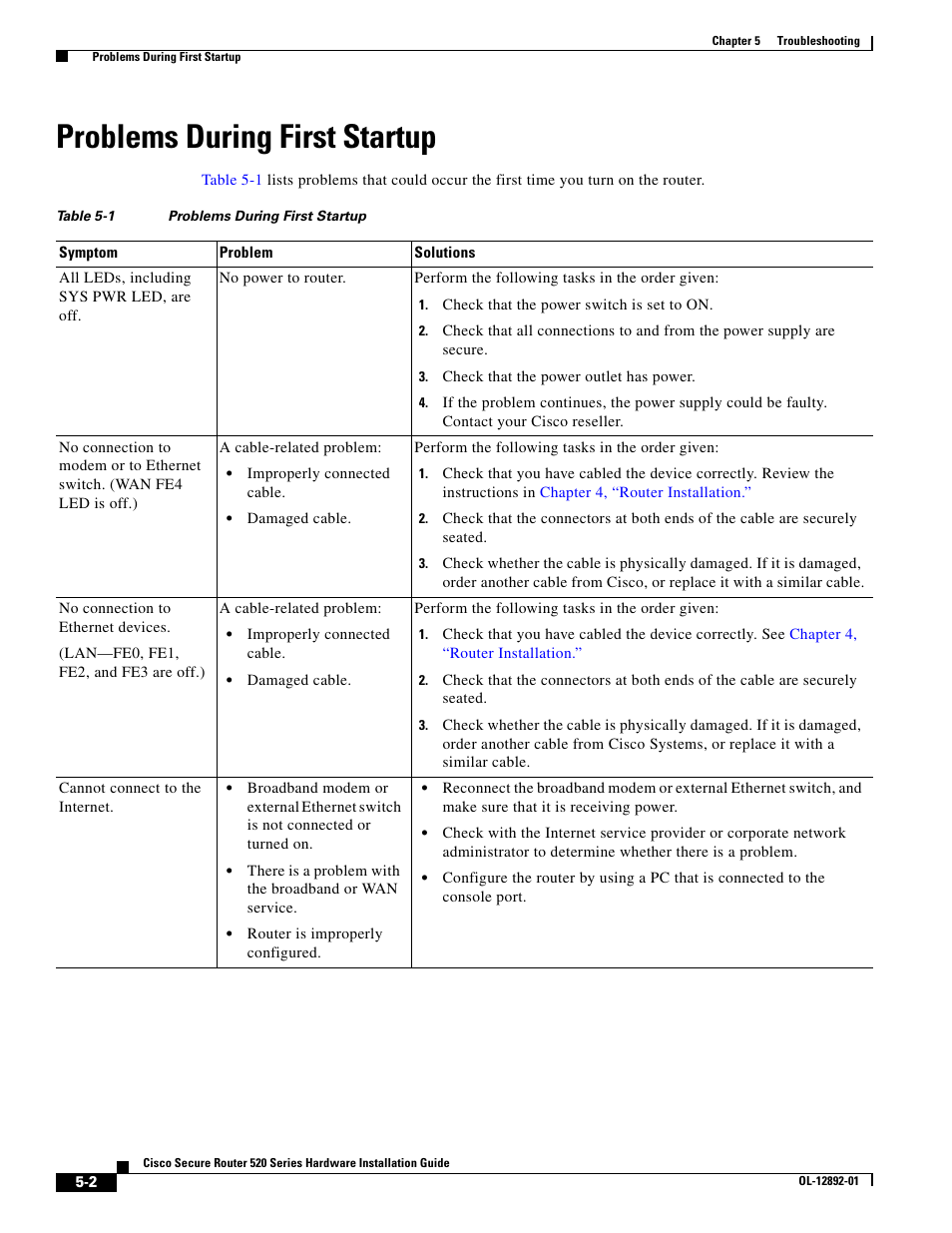 Table 5-1 problems during first startup, Problems during first startup | Cisco 520 User Manual | Page 54 / 64