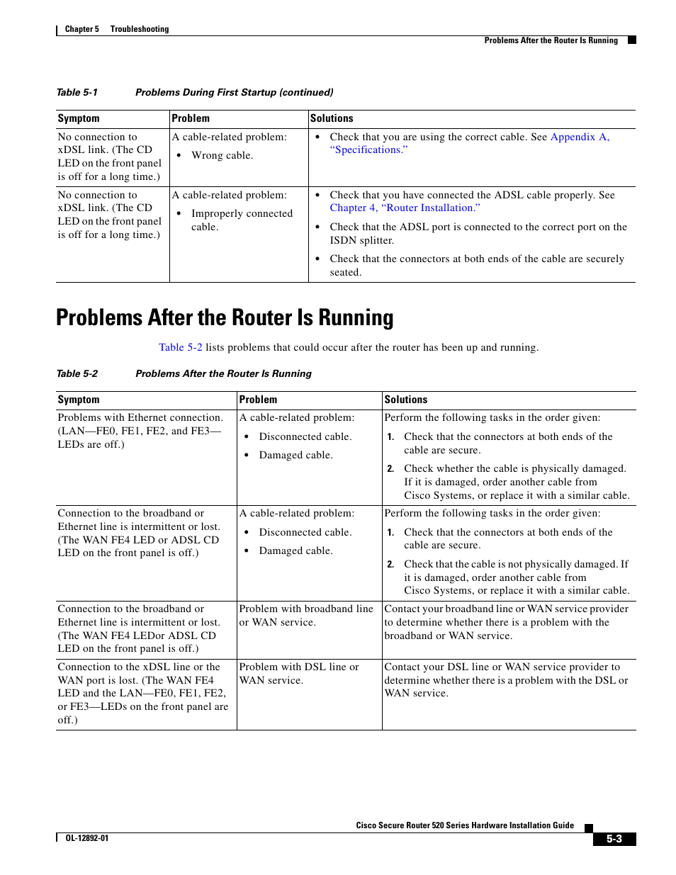 Table 5-2 problems after the router is running, Problems after the router is running | Cisco 520 User Manual | Page 55 / 64