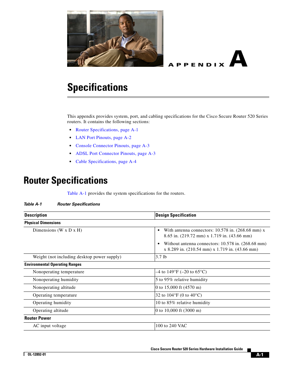 Specifications, Table a-1 router specifications, A p p e n d i x | Router specifications, Appendix a, “specifications, Appendix a | Cisco 520 User Manual | Page 57 / 64
