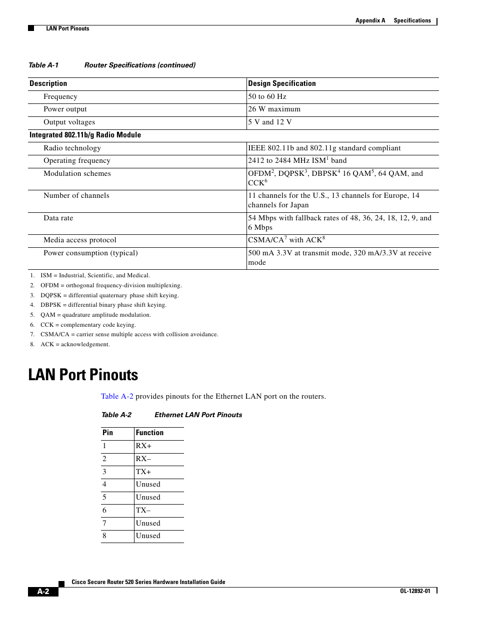 Table a-2 ethernet lan port pinouts, Lan port pinouts | Cisco 520 User Manual | Page 58 / 64