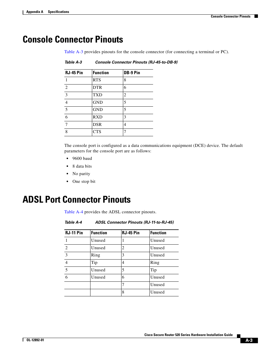 Table a-4 adsl connector pinouts (rj-11-to-rj-45), Console connector pinouts, Adsl port connector pinouts | Cisco 520 User Manual | Page 59 / 64