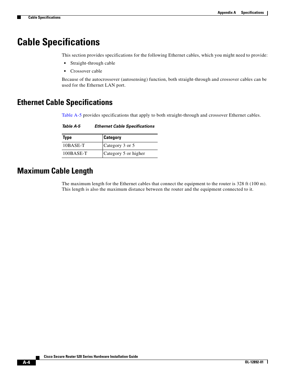 Table a-5 ethernet cable specifications, Cable specifications, Ethernet cable specifications | Maximum cable length | Cisco 520 User Manual | Page 60 / 64