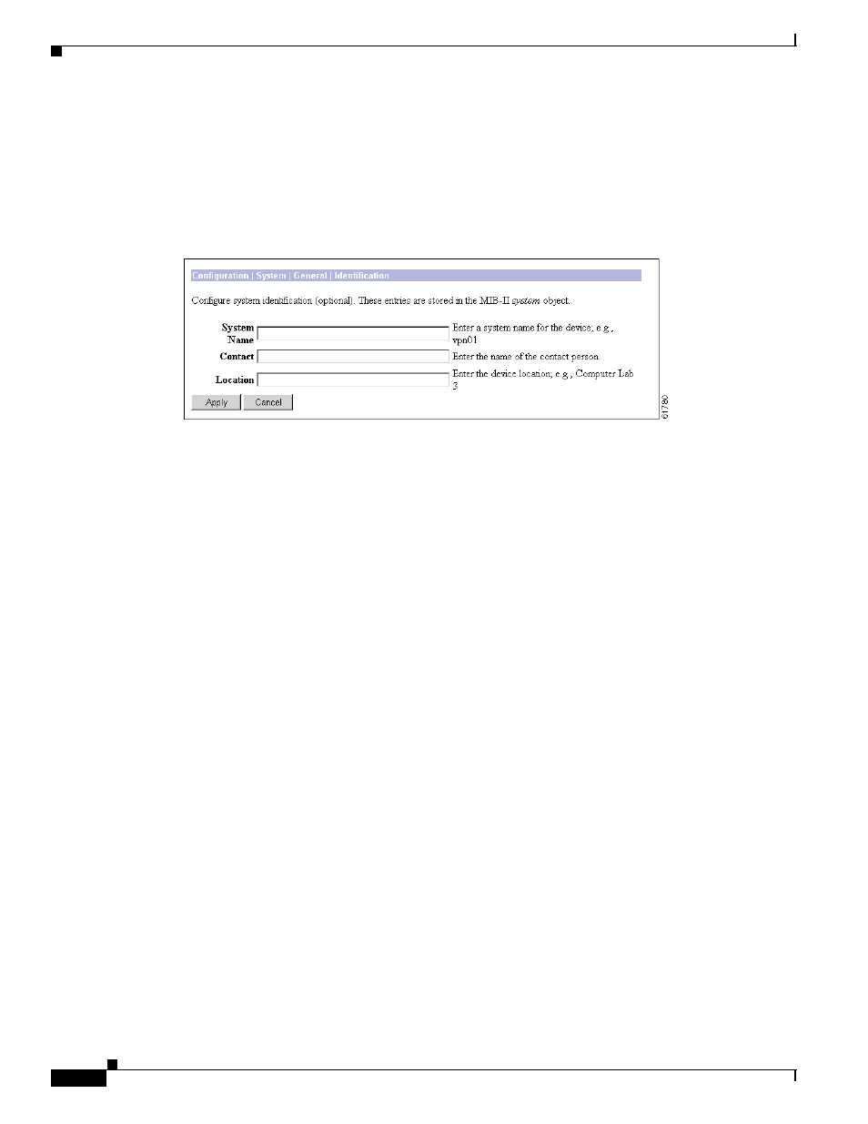 Configuration | system | general | identification, System name, Contact | Location, Apply / cancel, Reminder | Cisco VPN 3002 User Manual | Page 116 / 282