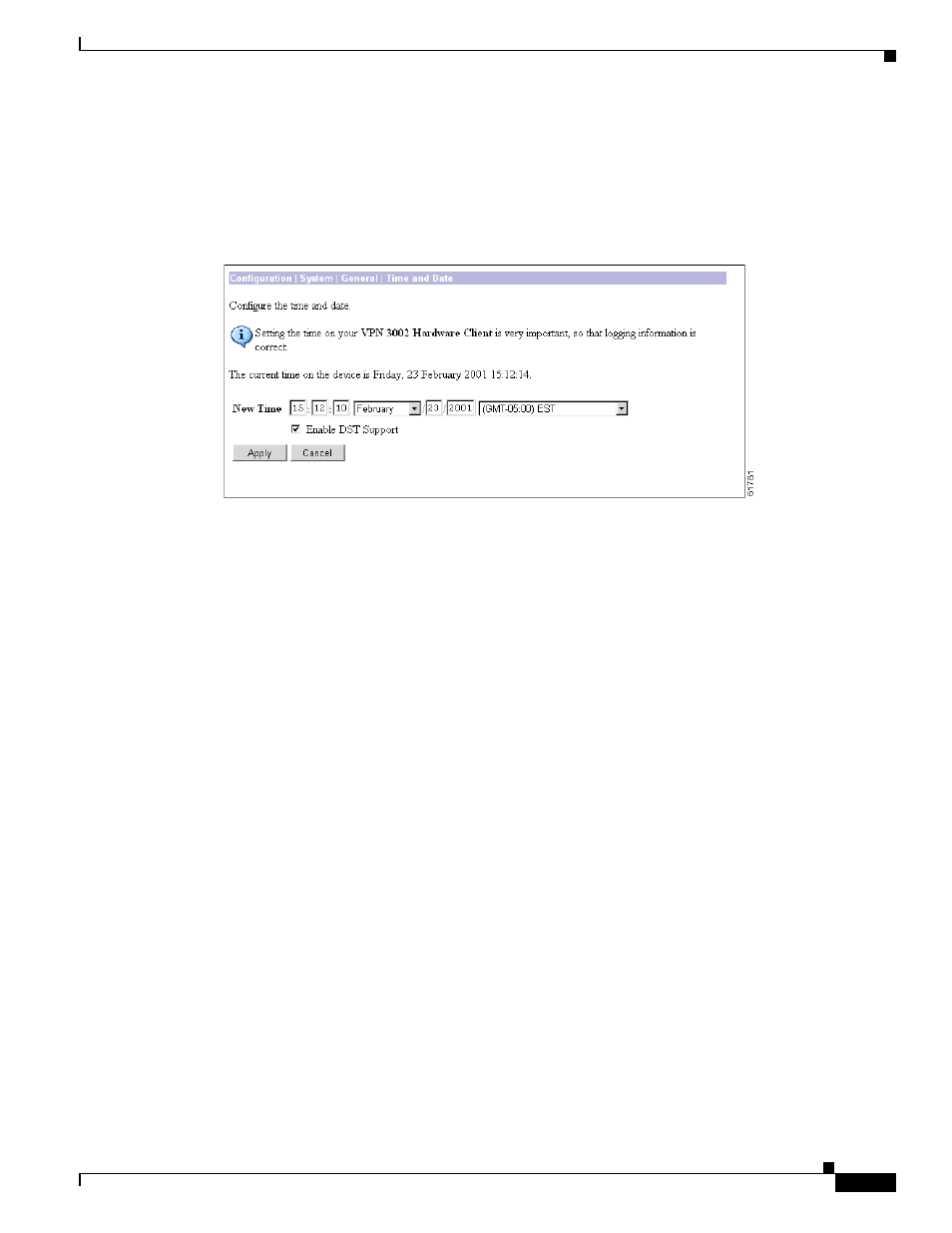 Configuration | system | general | time and date, Current time, New time | Enable dst support, Apply/cancel | Cisco VPN 3002 User Manual | Page 117 / 282