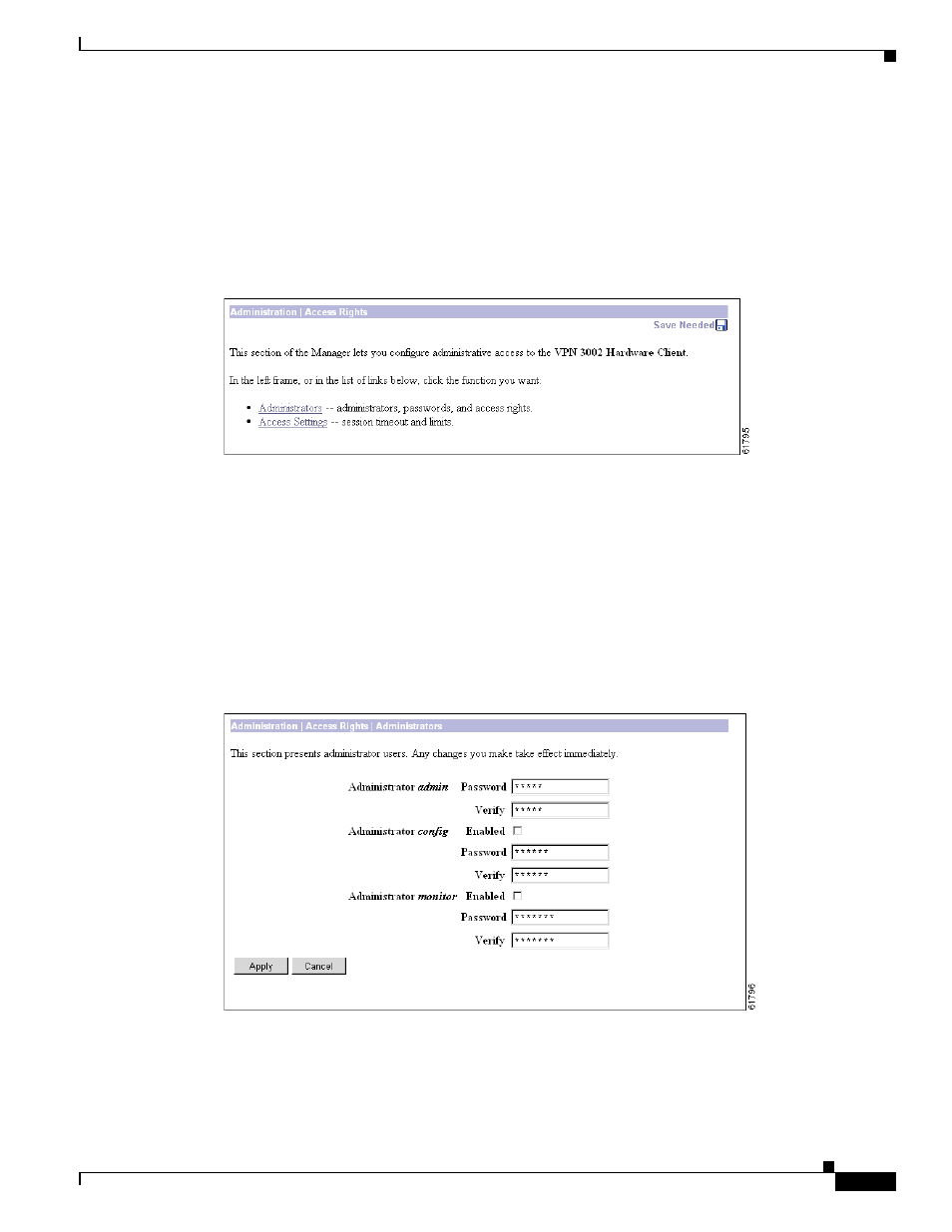 Administration | access rights, Administration | access rights | administrators | Cisco VPN 3002 User Manual | Page 135 / 282