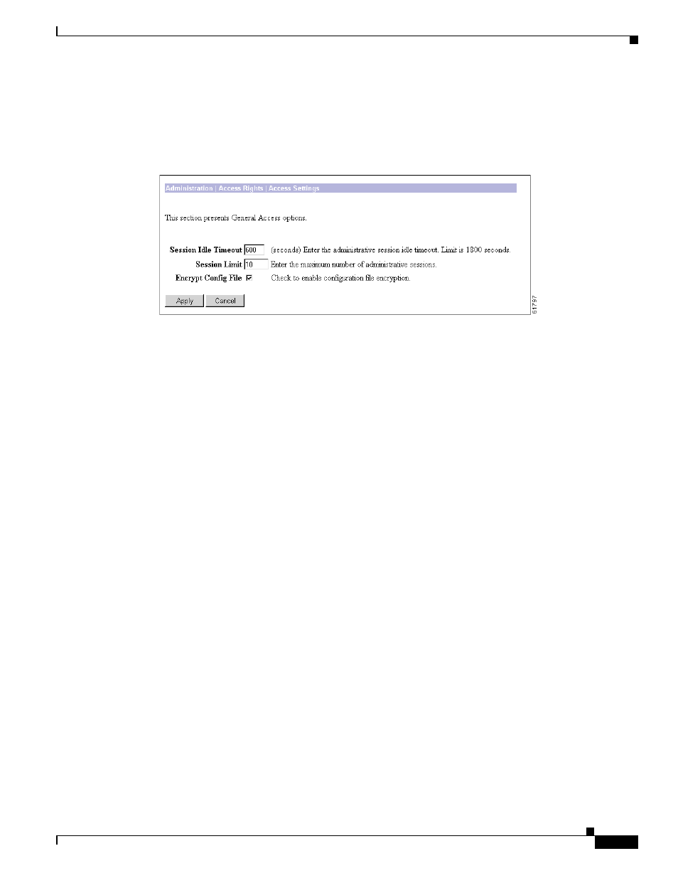 Administration | access rights | access settings, Session idle timeout, Session limit | Encrypt config file, Apply/cancel | Cisco VPN 3002 User Manual | Page 137 / 282