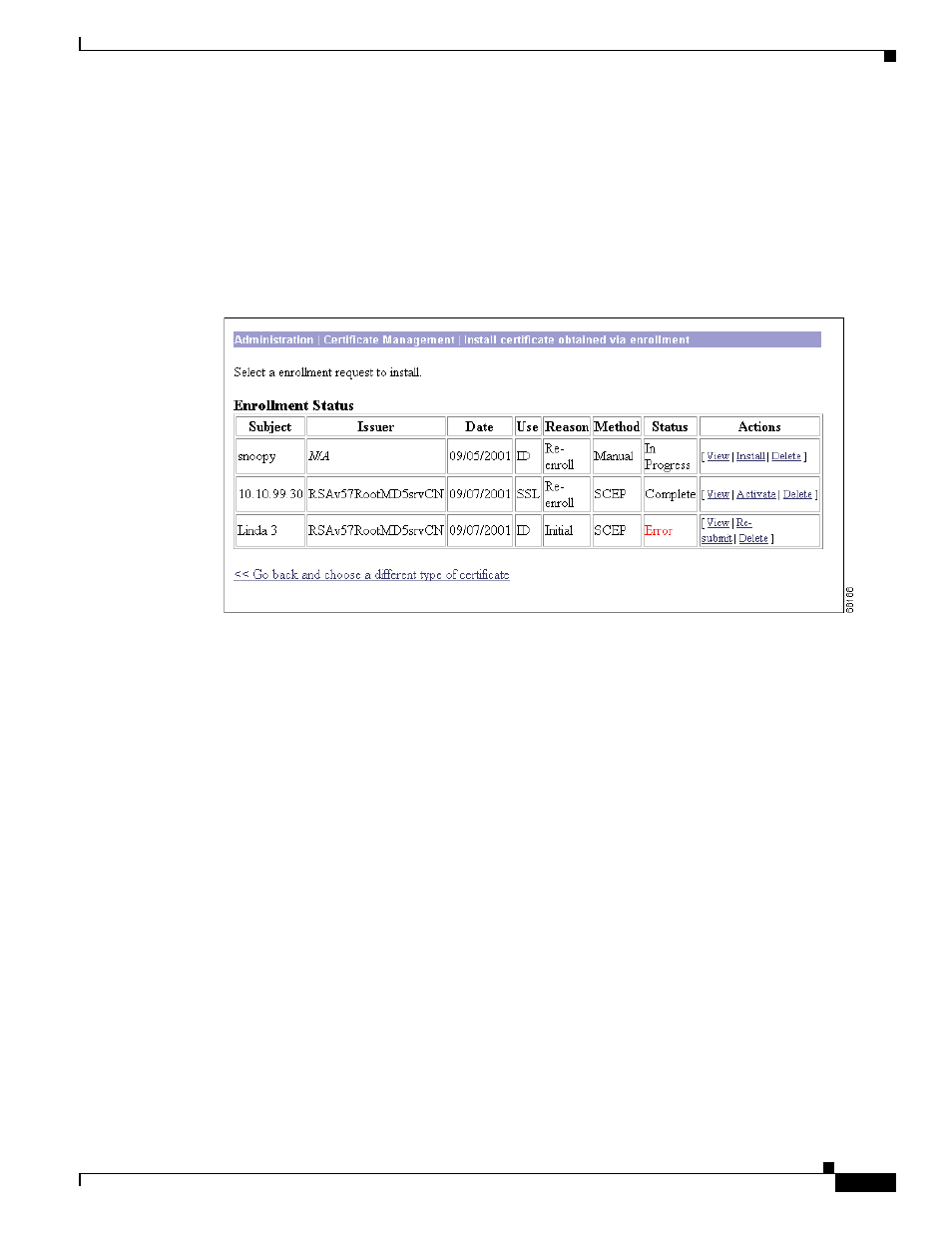 Enrollment status table, Go back and choose a different type of certificate | Cisco VPN 3002 User Manual | Page 171 / 282