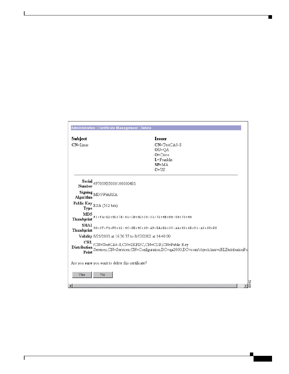Administration | certificate management | delete, Fields | Cisco VPN 3002 User Manual | Page 183 / 282