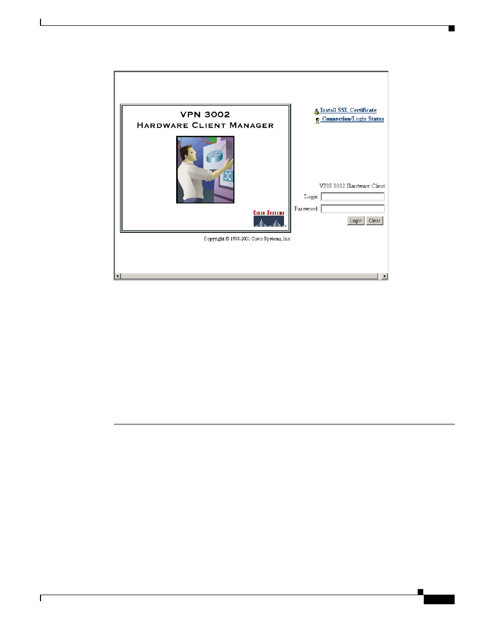 Logging into the vpn 3002 hardware client manager | Cisco VPN 3002 User Manual | Page 33 / 282