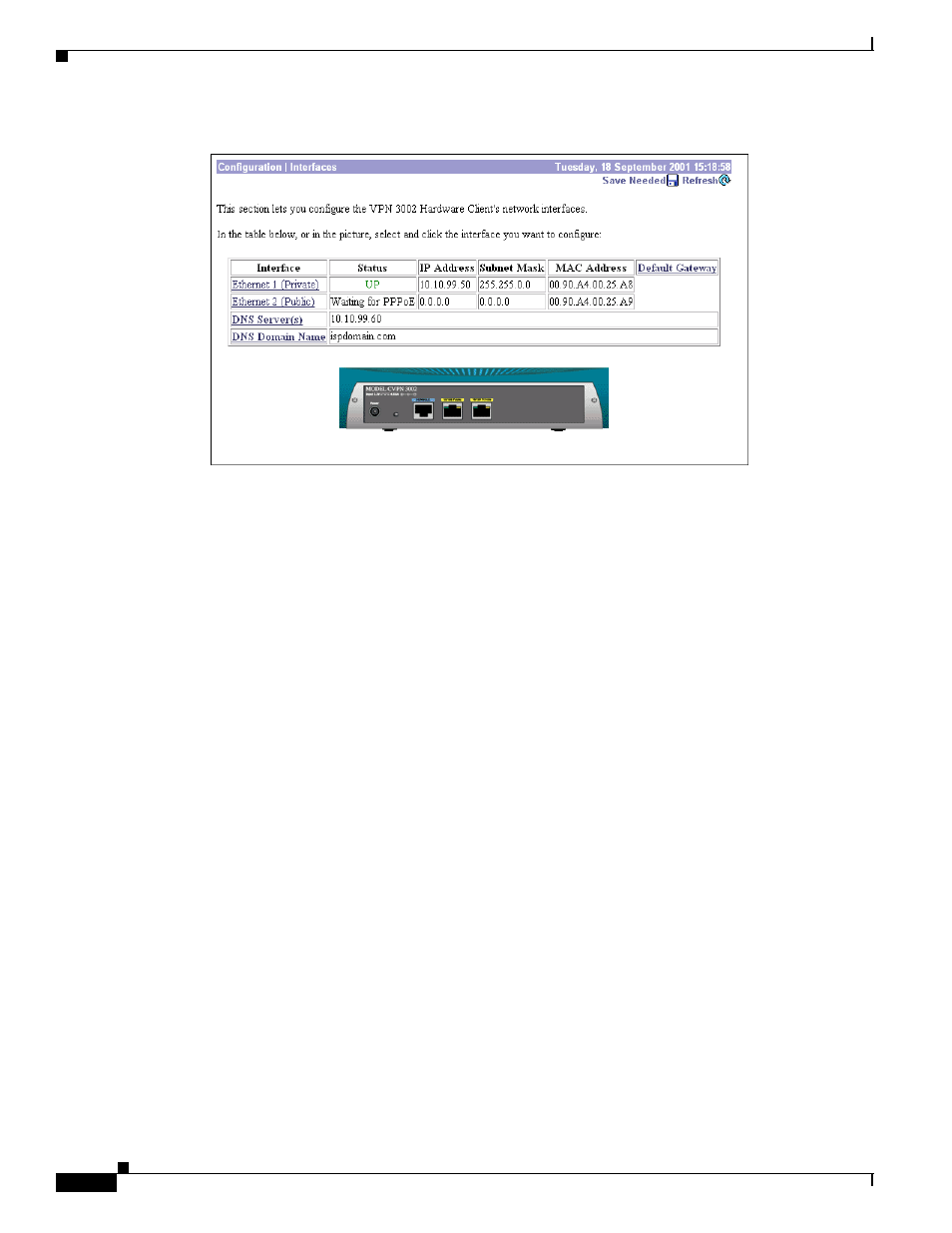 Interface, Ethernet 1 (private), ethernet 2 (public), Dns server(s) | Dns domain name | Cisco VPN 3002 User Manual | Page 48 / 282
